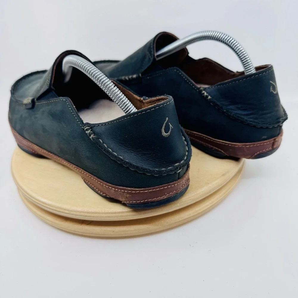 OluKai Moloa Slip On Shoes Mens 10 Black Waxed Leather Wool Lined Loafers